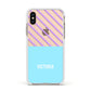 Personalised Blue Purple Stripes Apple iPhone Xs Impact Case White Edge on Gold Phone