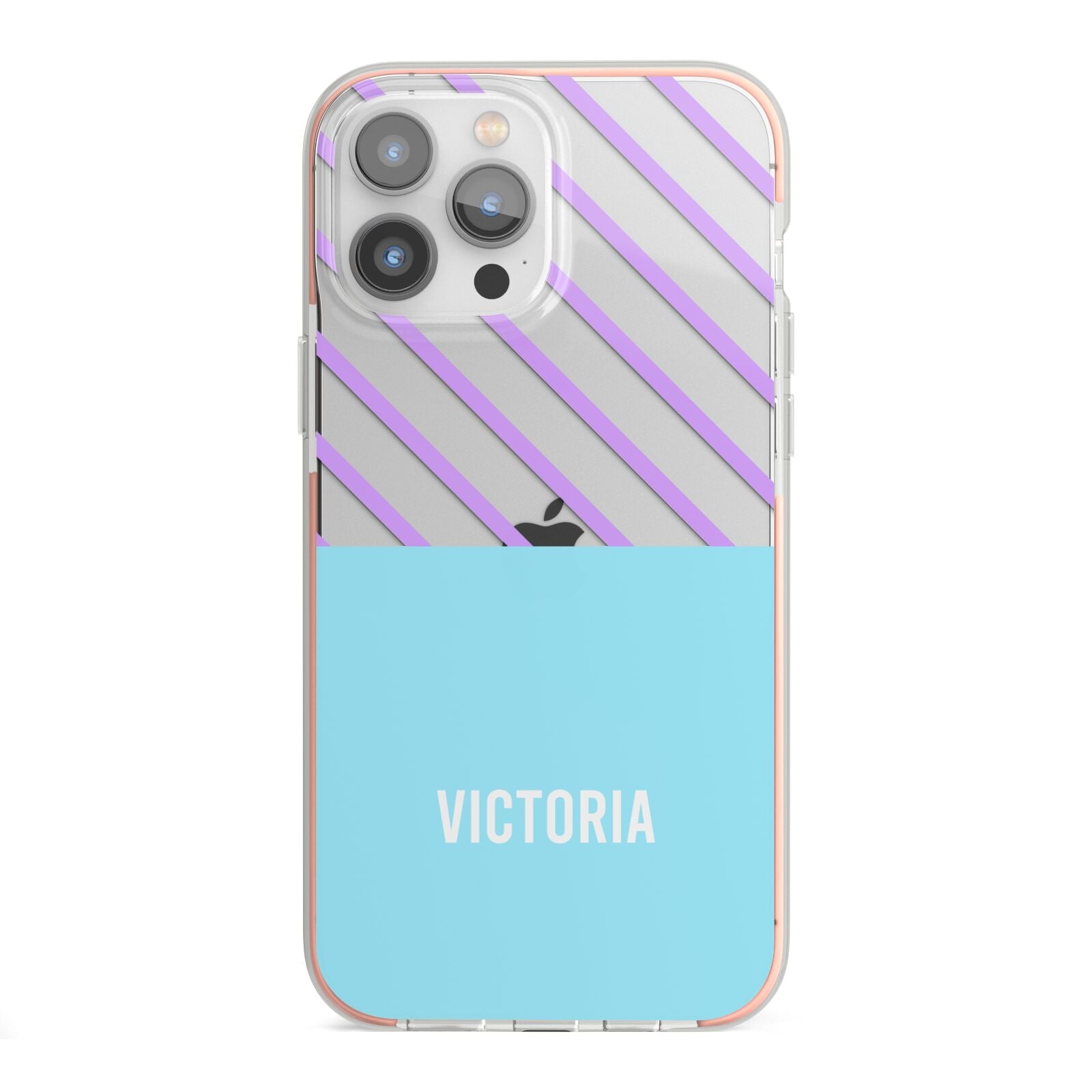 Personalised Blue Purple Stripes iPhone 13 Pro Max TPU Impact Case with Pink Edges