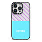 Personalised Blue Purple Stripes iPhone 14 Pro Black Impact Case on Silver phone