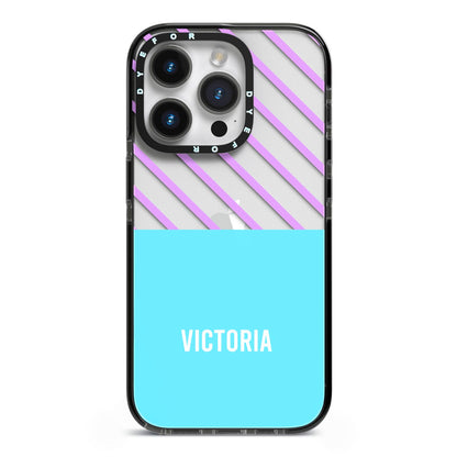 Personalised Blue Purple Stripes iPhone 14 Pro Black Impact Case on Silver phone
