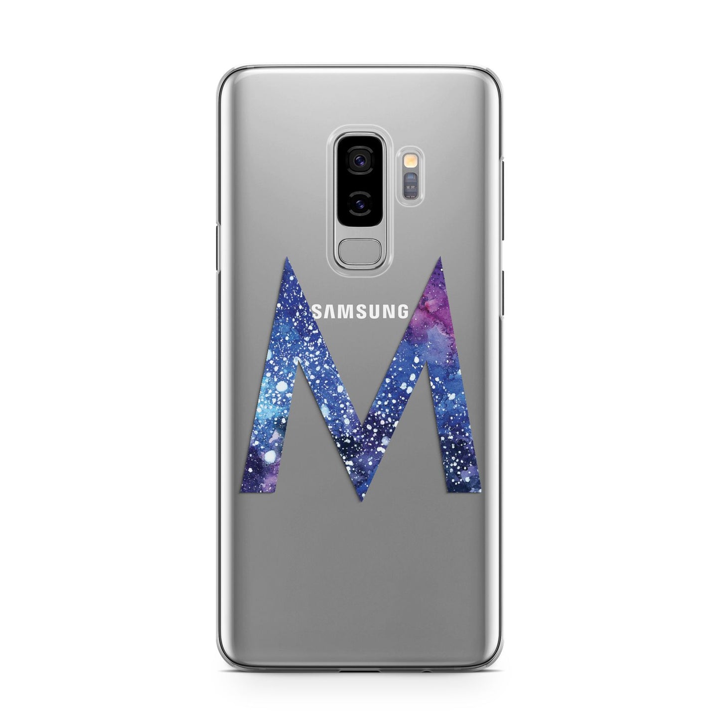 Personalised Blue Space Initial Clear Custom Samsung Galaxy S9 Plus Case on Silver phone