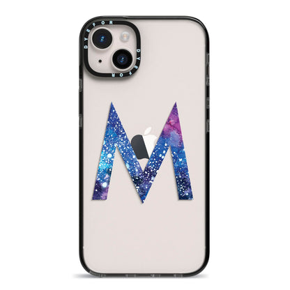 Personalised Blue Space Initial Clear Custom iPhone 14 Plus Black Impact Case on Silver phone