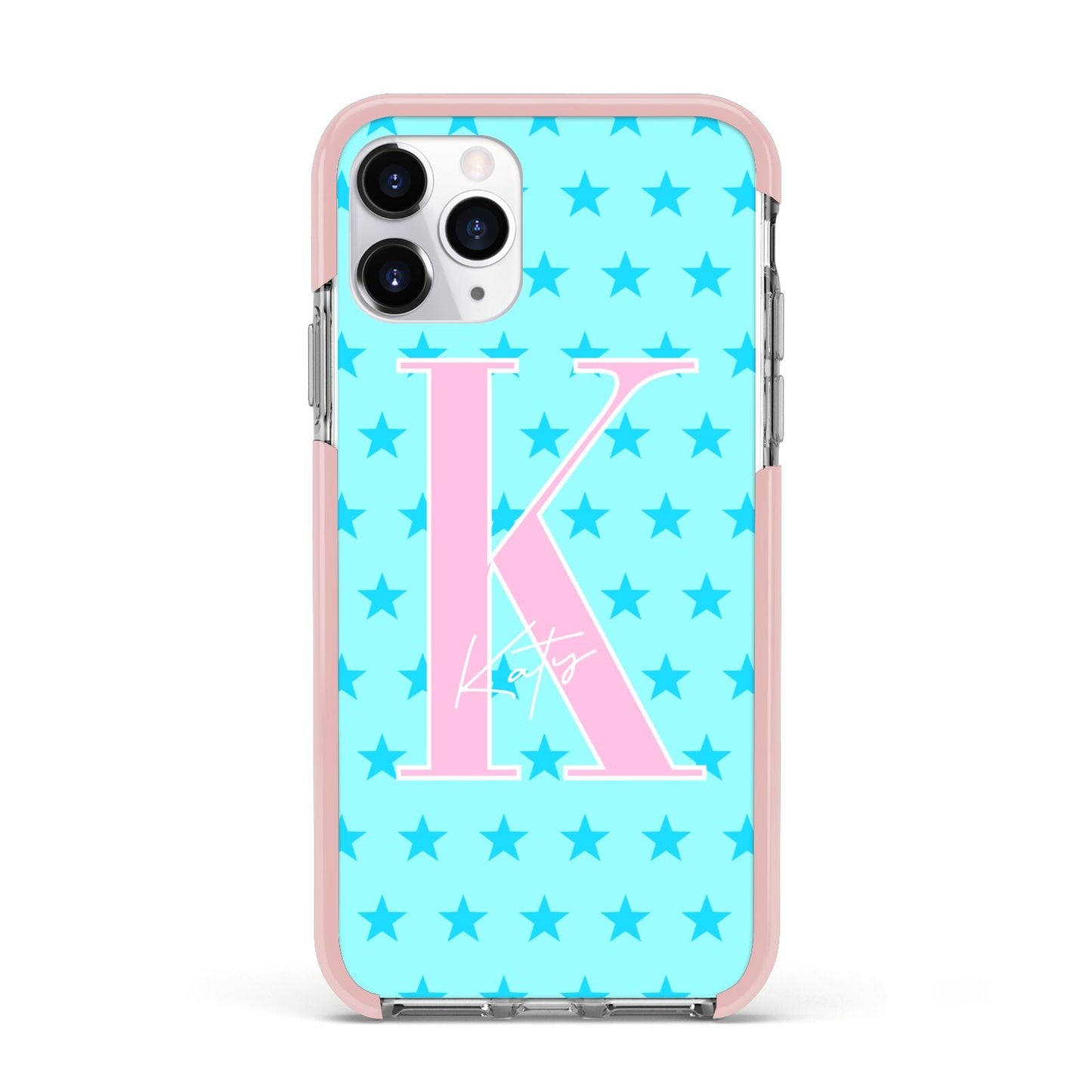 Personalised Blue Stars Apple iPhone 11 Pro in Silver with Pink Impact Case