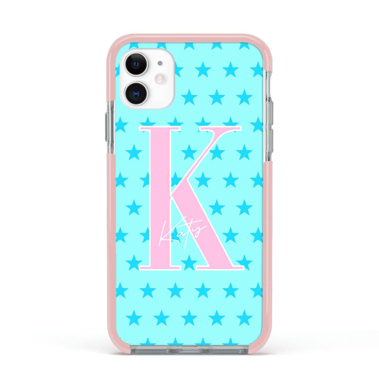 Personalised Blue Stars Apple iPhone 11 in White with Pink Impact Case
