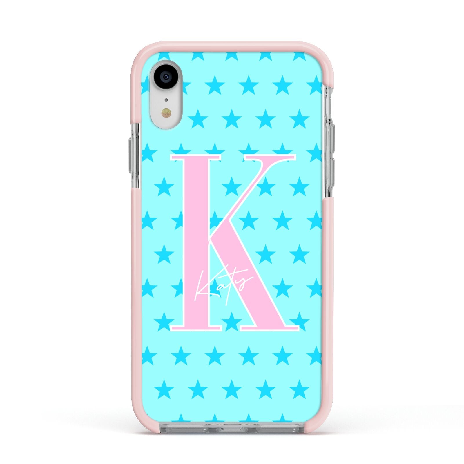 Personalised Blue Stars Apple iPhone XR Impact Case Pink Edge on Silver Phone