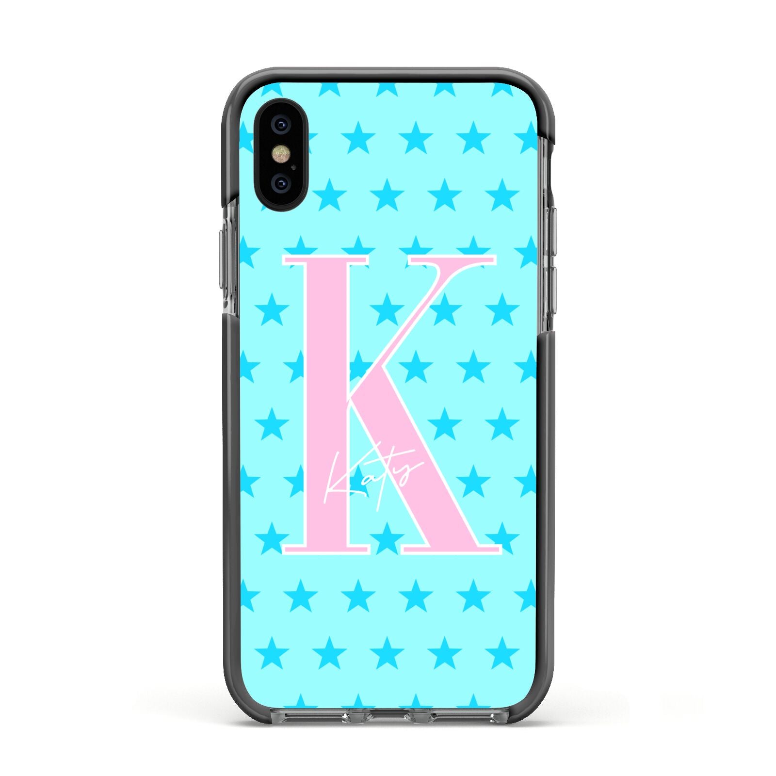 Personalised Blue Stars Apple iPhone Xs Impact Case Black Edge on Black Phone