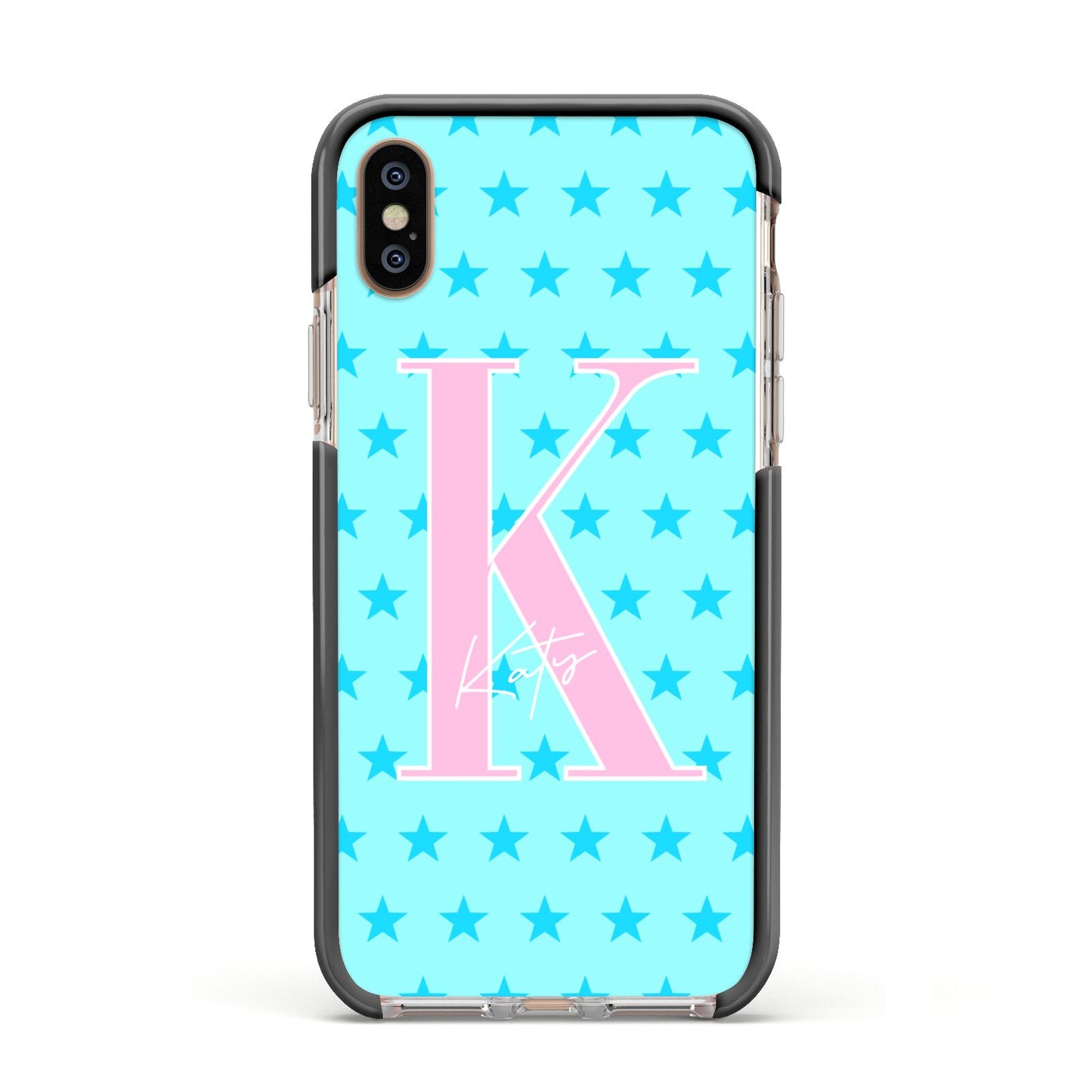 Personalised Blue Stars Apple iPhone Xs Impact Case Black Edge on Gold Phone