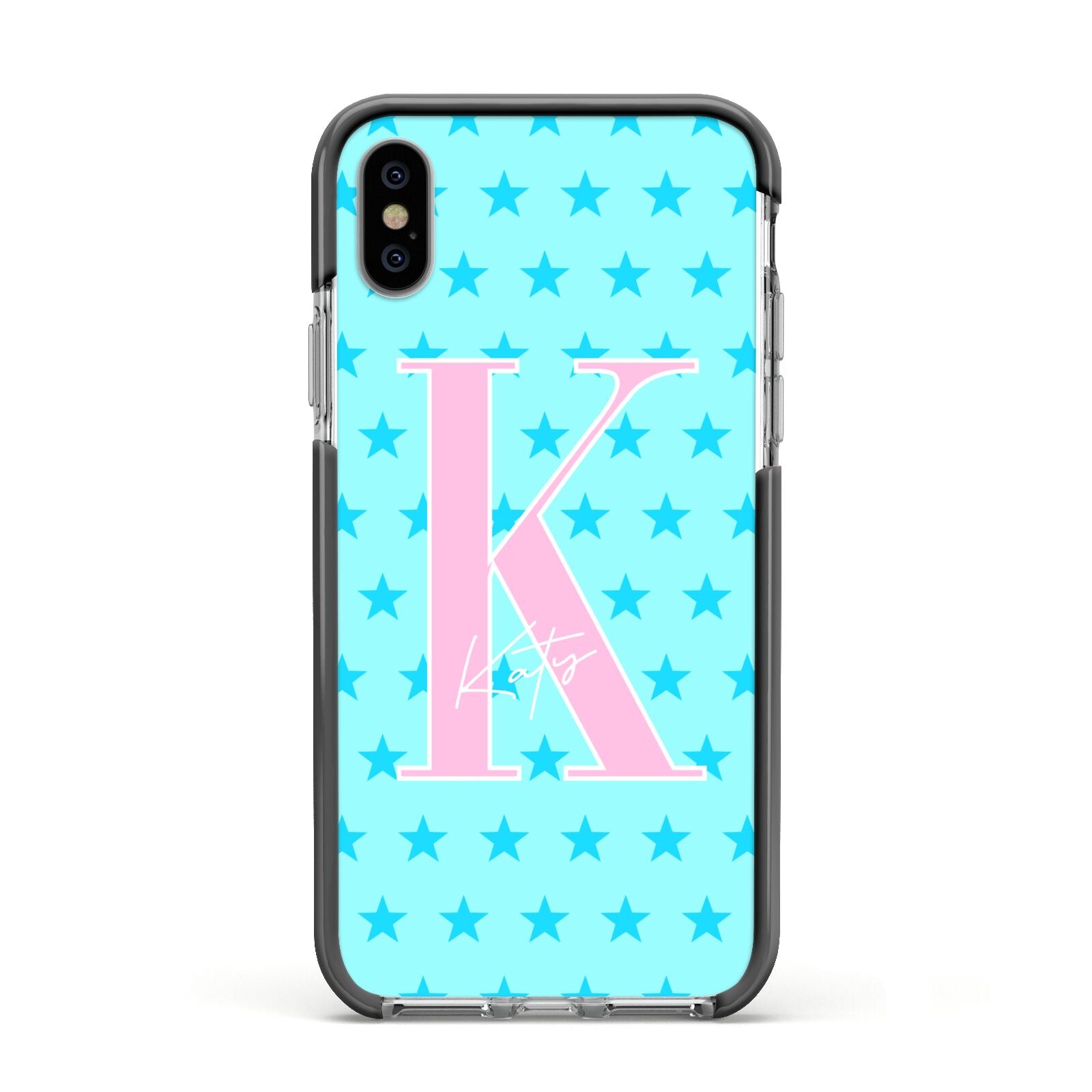 Personalised Blue Stars Apple iPhone Xs Impact Case Black Edge on Silver Phone