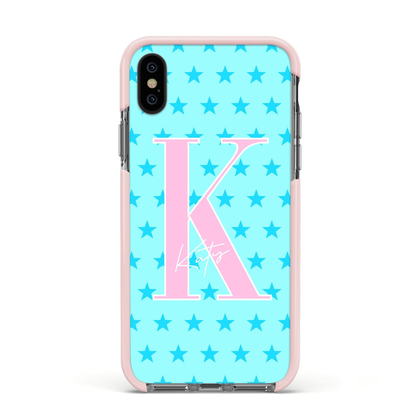 Personalised Blue Stars Apple iPhone Xs Impact Case Pink Edge on Black Phone