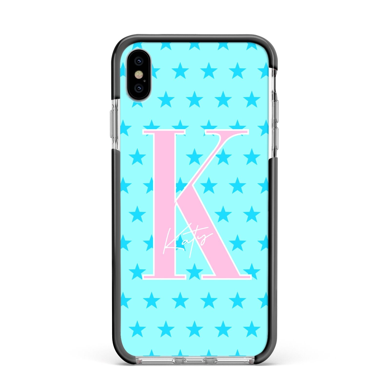 Personalised Blue Stars Apple iPhone Xs Max Impact Case Black Edge on Silver Phone