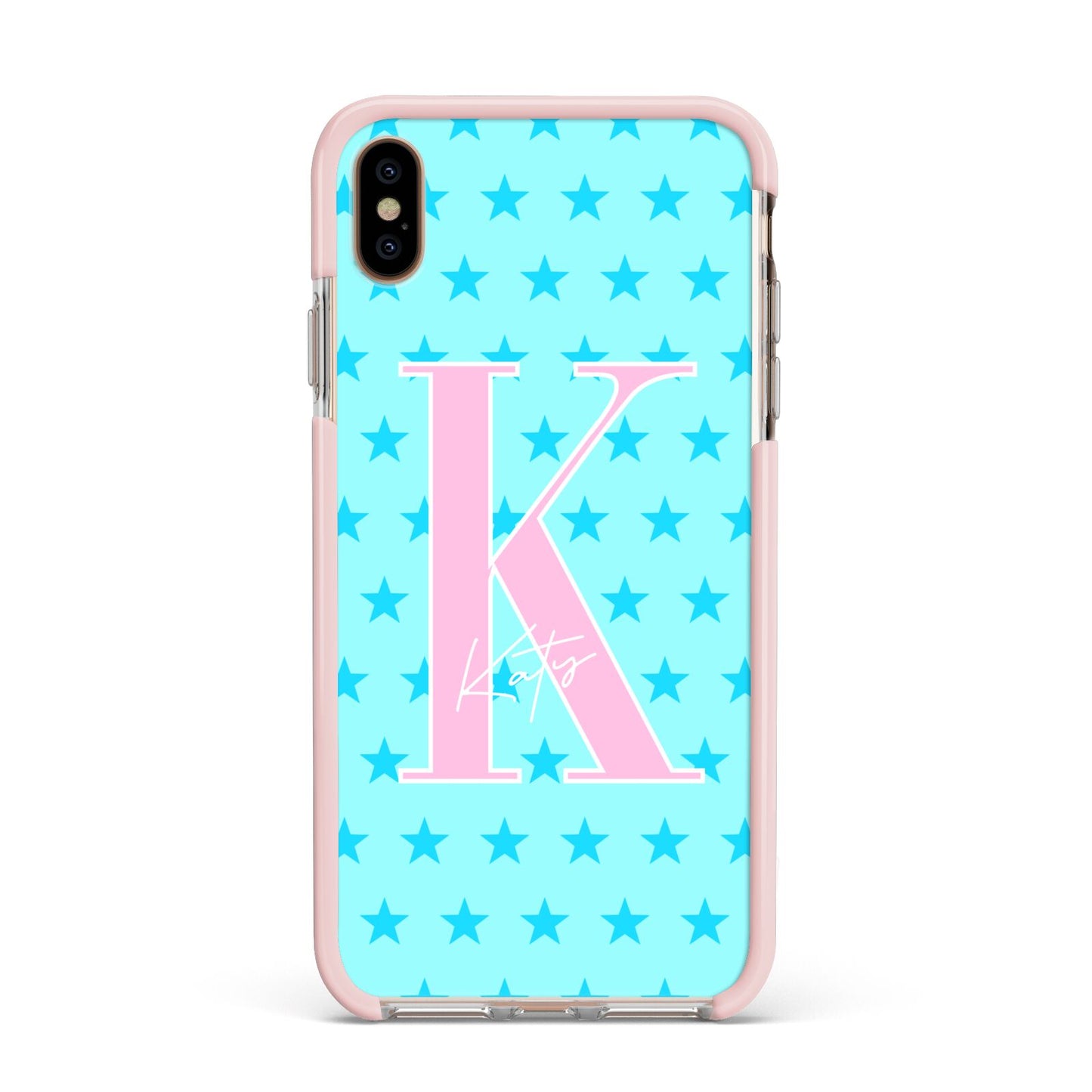 Personalised Blue Stars Apple iPhone Xs Max Impact Case Pink Edge on Gold Phone