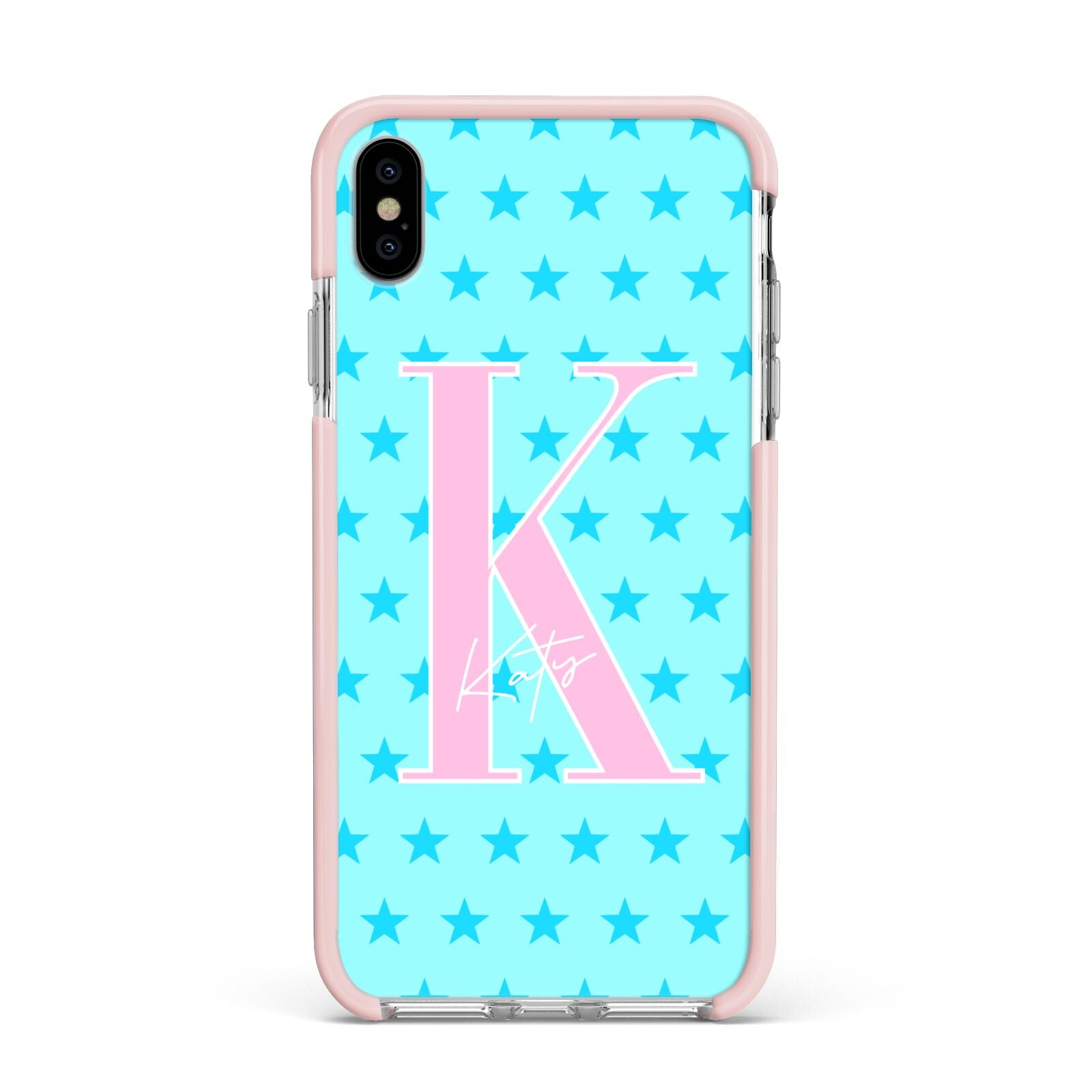 Personalised Blue Stars Apple iPhone Xs Max Impact Case Pink Edge on Silver Phone
