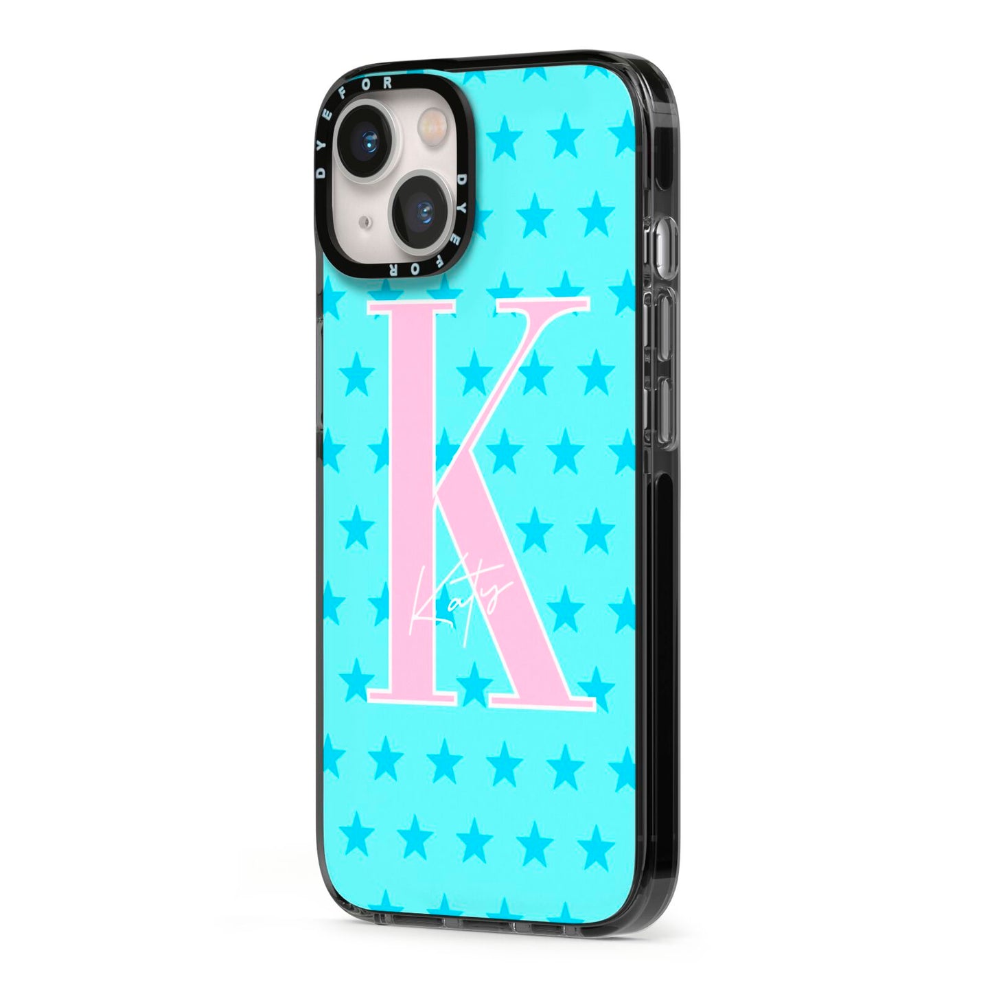 Personalised Blue Stars iPhone 13 Black Impact Case Side Angle on Silver phone