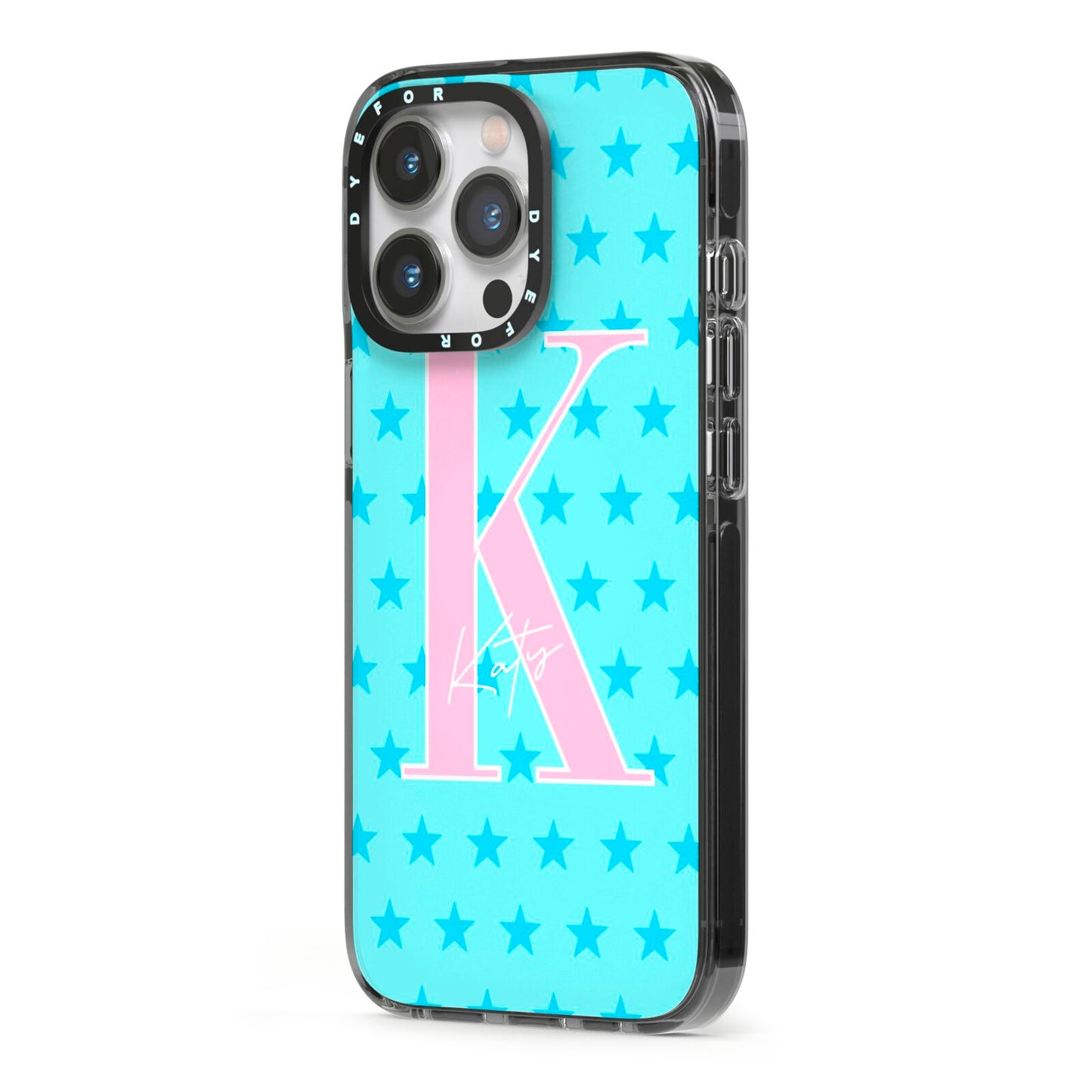 Personalised Blue Stars iPhone 13 Pro Black Impact Case Side Angle on Silver phone