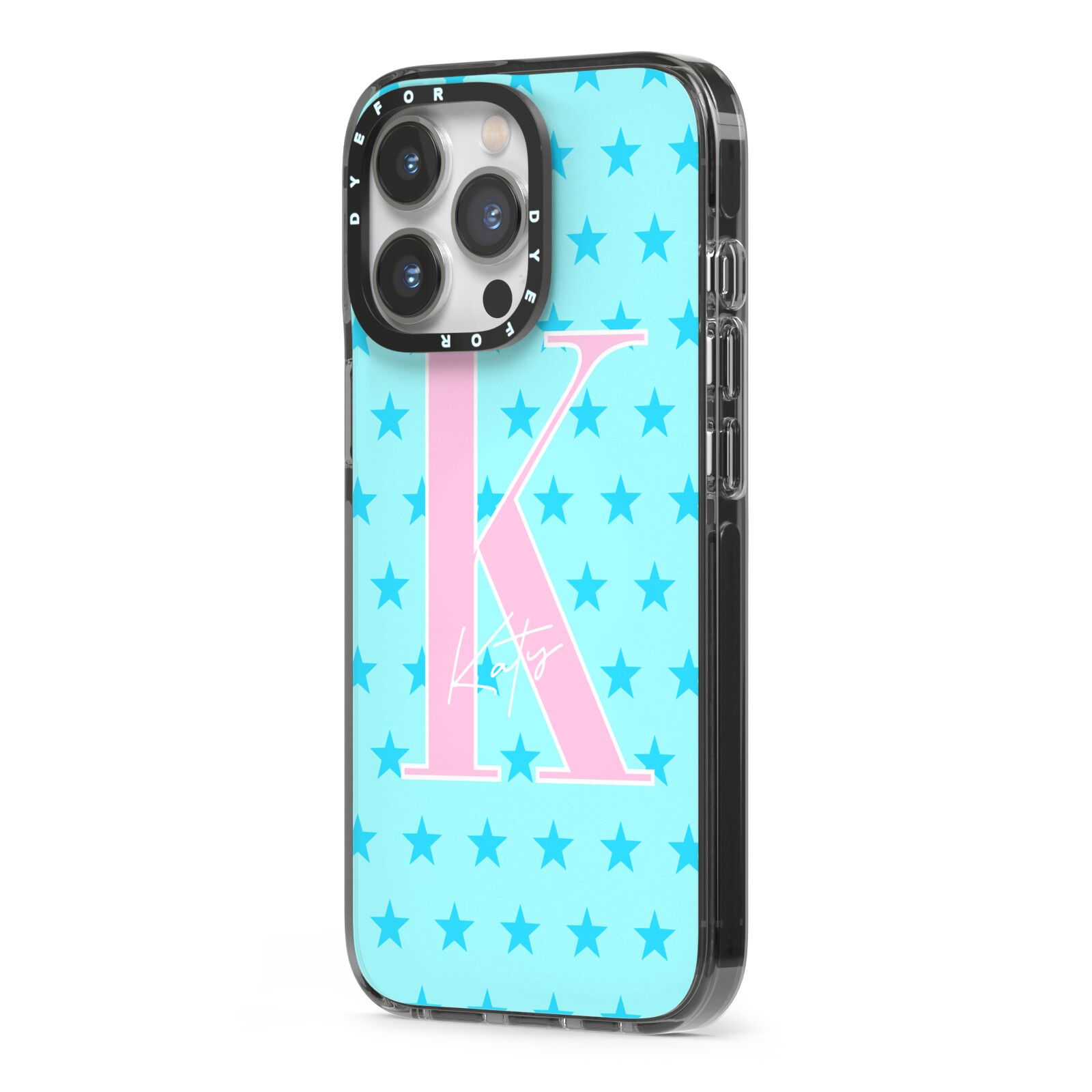 Personalised Blue Stars iPhone 13 Pro Black Impact Case Side Angle on Silver phone