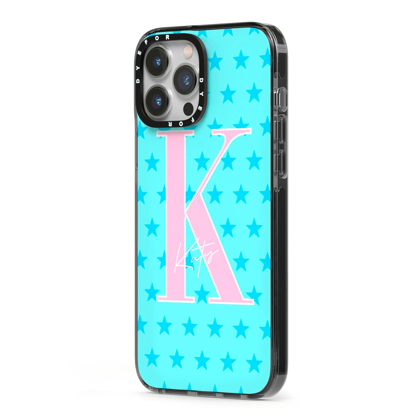 Personalised Blue Stars iPhone 13 Pro Max Black Impact Case Side Angle on Silver phone