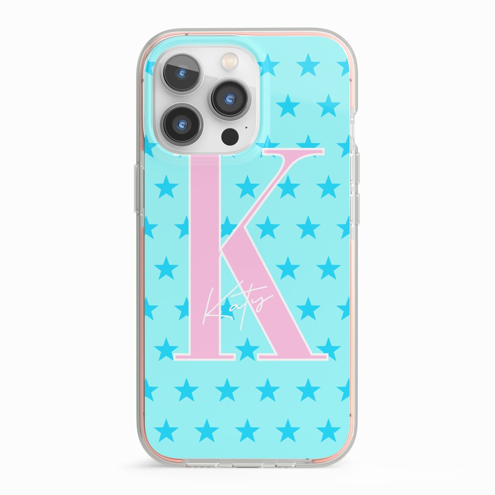 Personalised Blue Stars iPhone 13 Pro TPU Impact Case with Pink Edges