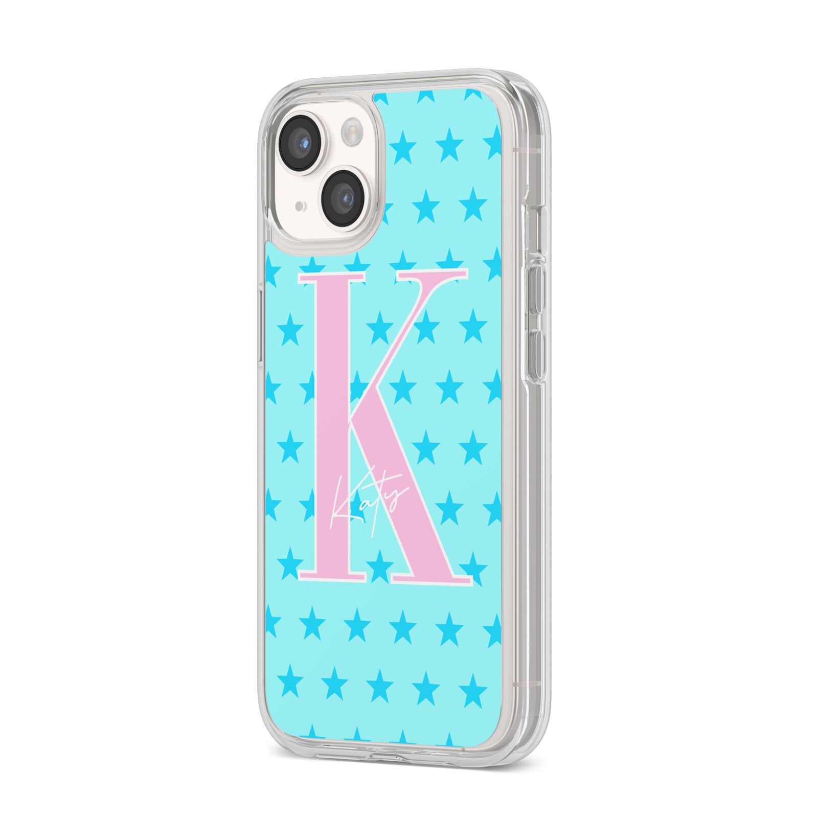 Personalised Blue Stars iPhone 14 Clear Tough Case Starlight Angled Image