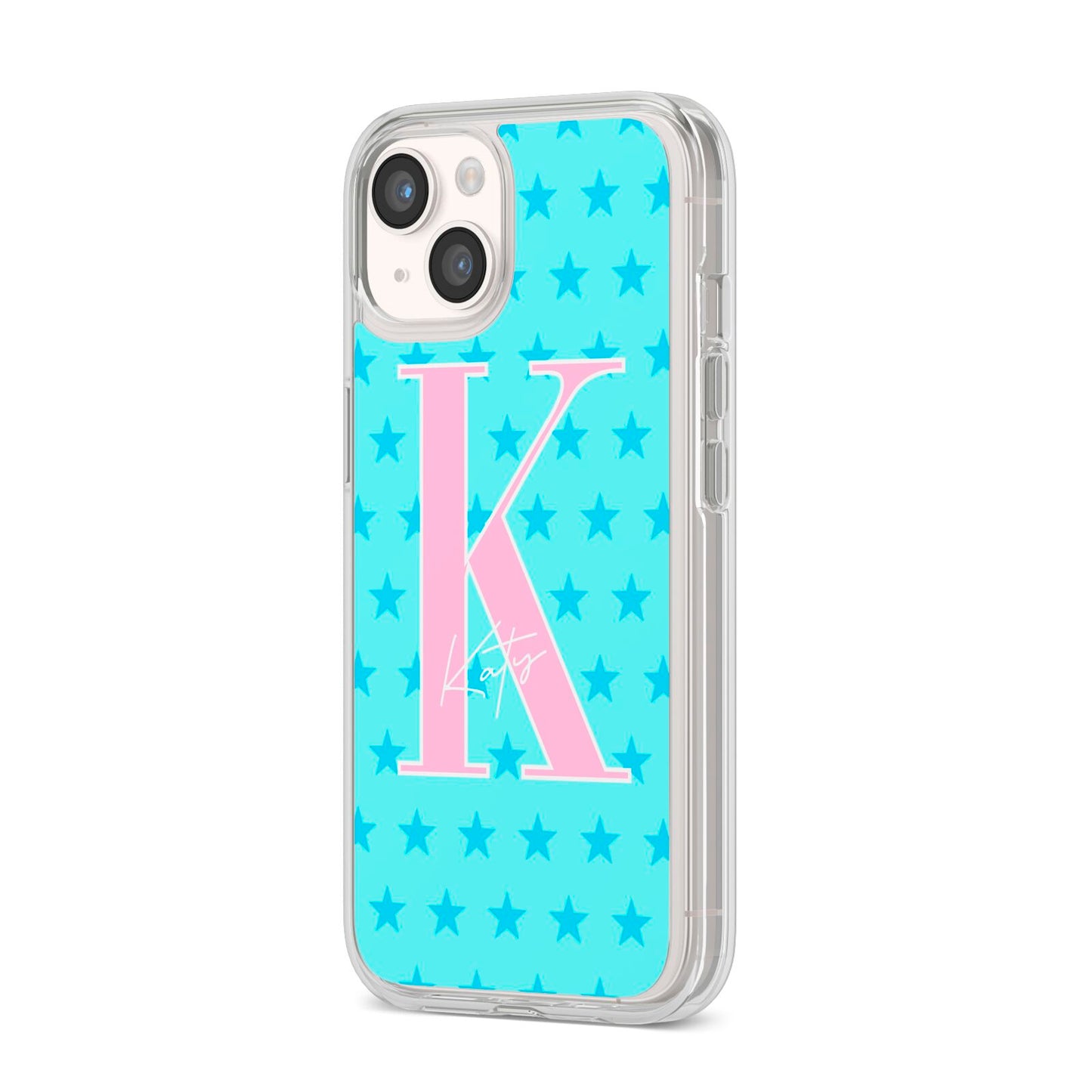 Personalised Blue Stars iPhone 14 Clear Tough Case Starlight Angled Image