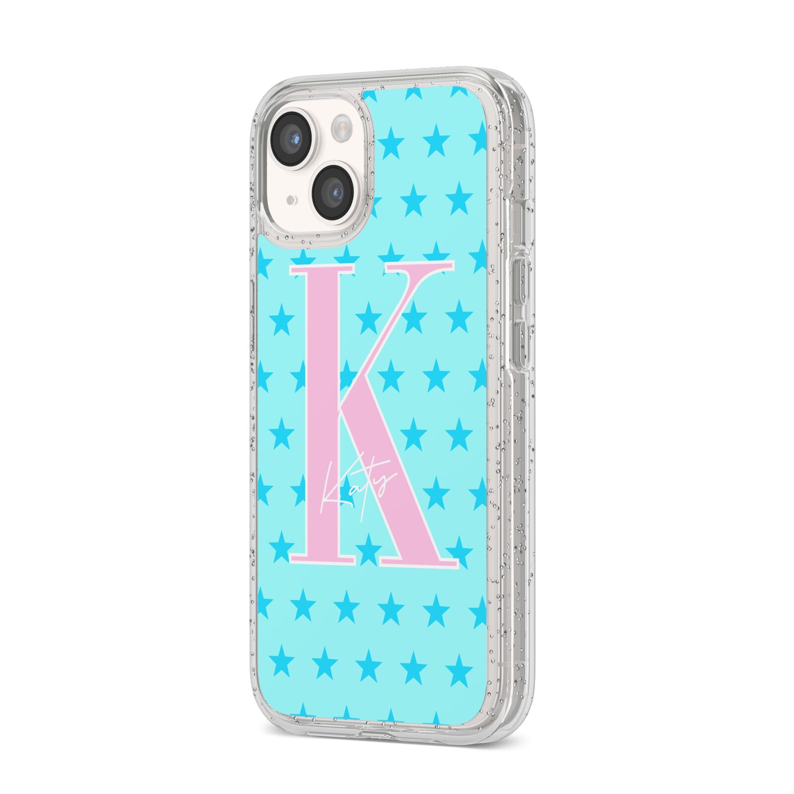 Personalised Blue Stars iPhone 14 Glitter Tough Case Starlight Angled Image