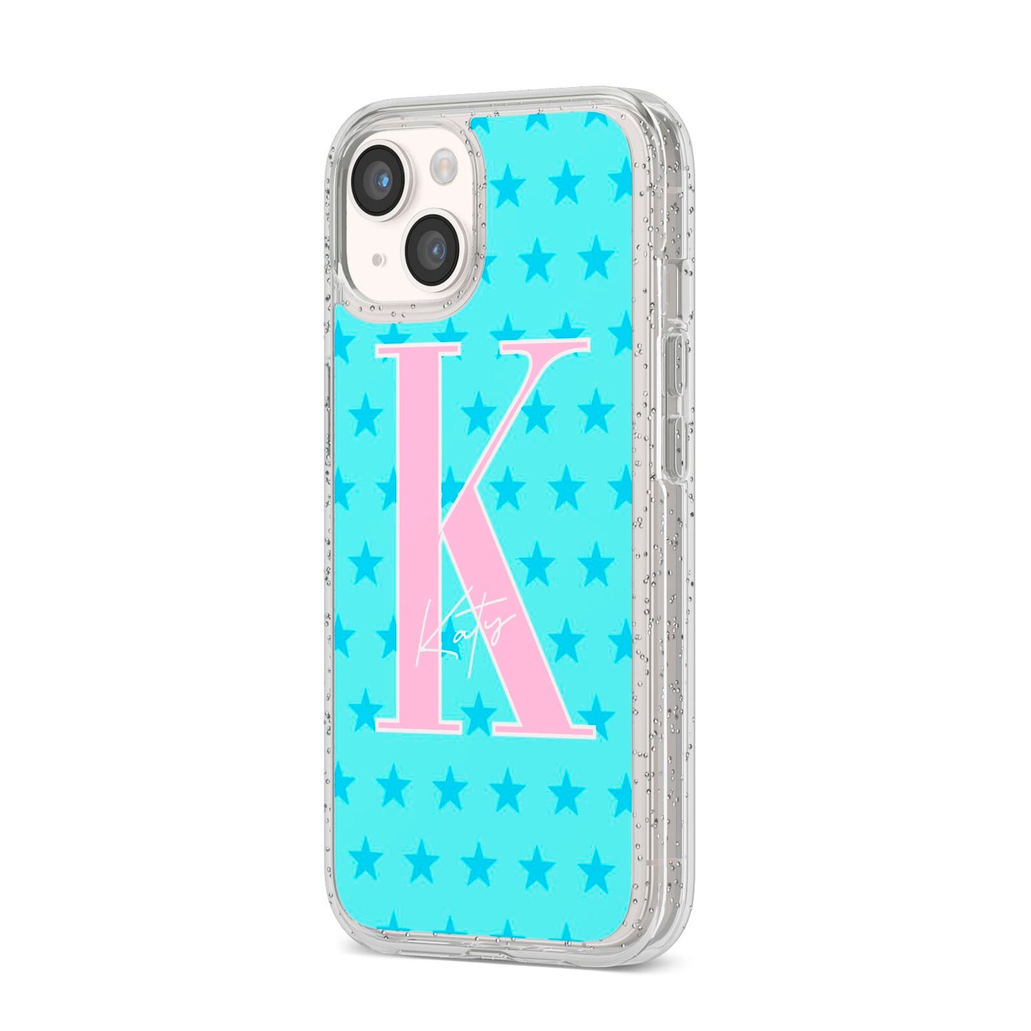 Personalised Blue Stars iPhone 14 Glitter Tough Case Starlight Angled Image