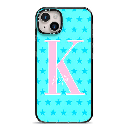 Personalised Blue Stars iPhone 14 Plus Black Impact Case on Silver phone