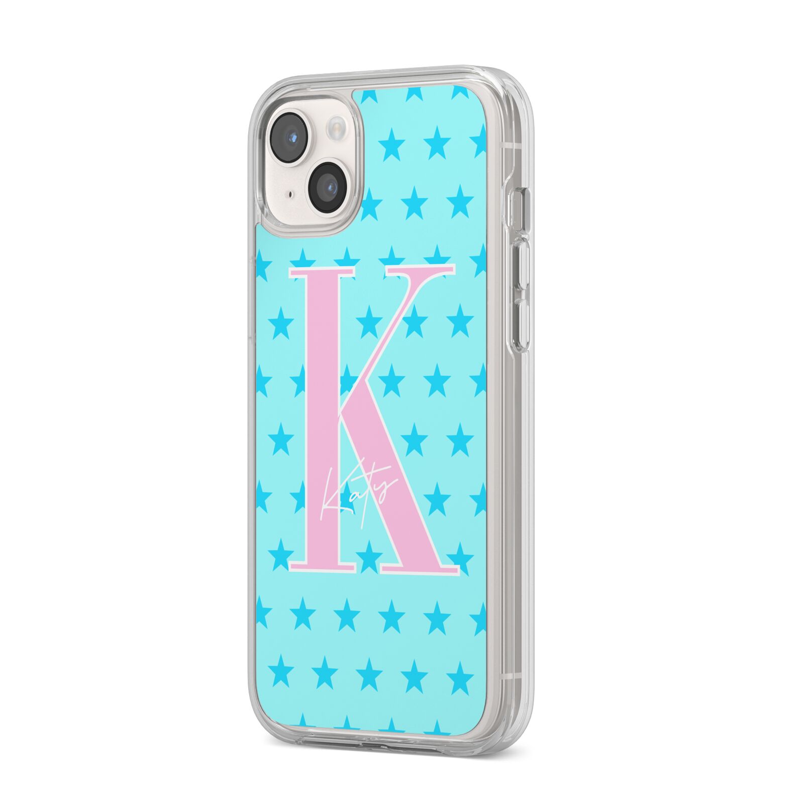 Personalised Blue Stars iPhone 14 Plus Clear Tough Case Starlight Angled Image