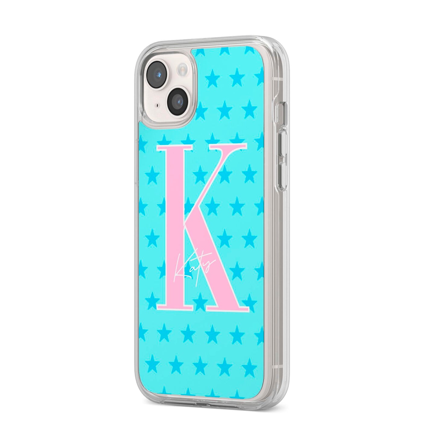 Personalised Blue Stars iPhone 14 Plus Clear Tough Case Starlight Angled Image