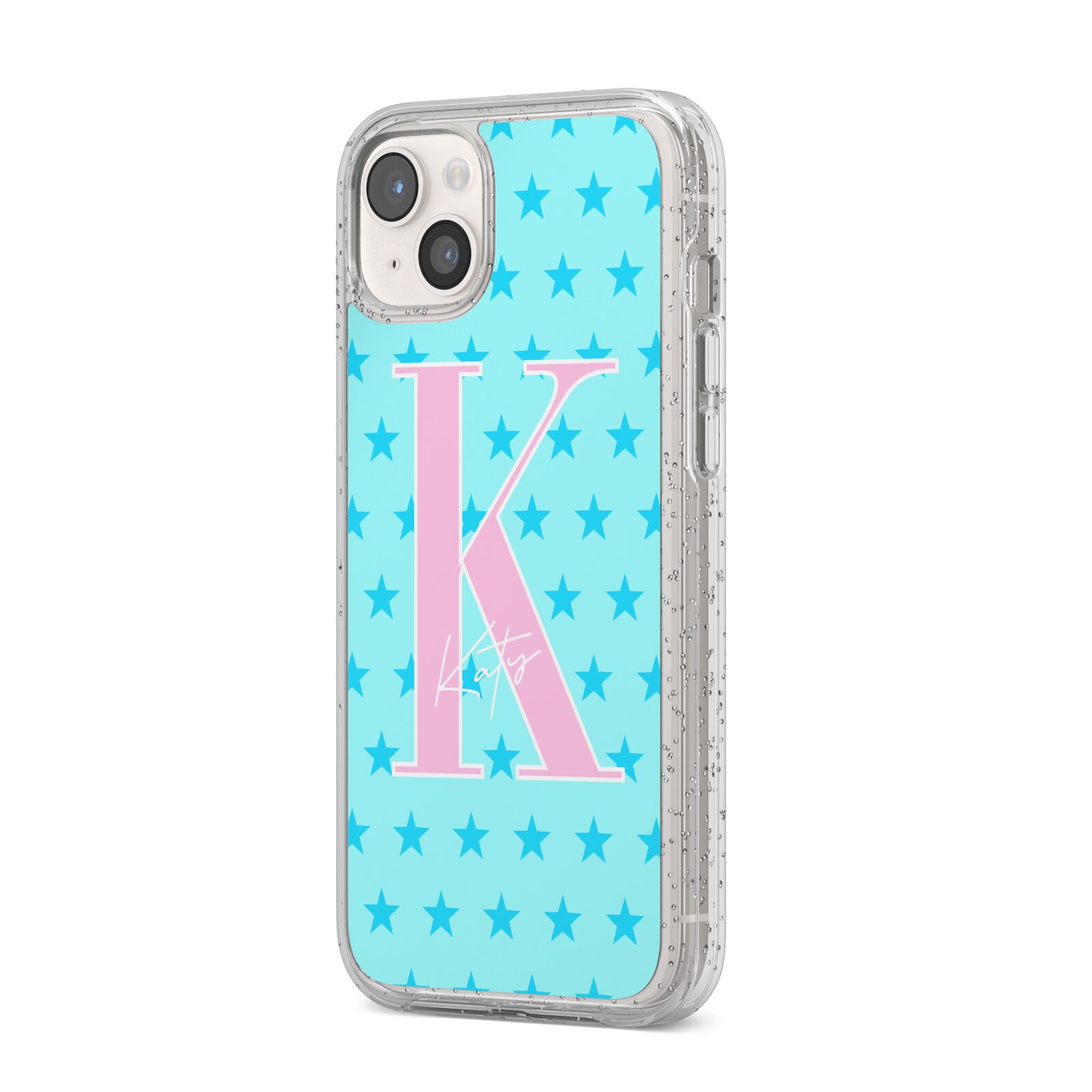 Personalised Blue Stars iPhone 14 Plus Glitter Tough Case Starlight Angled Image