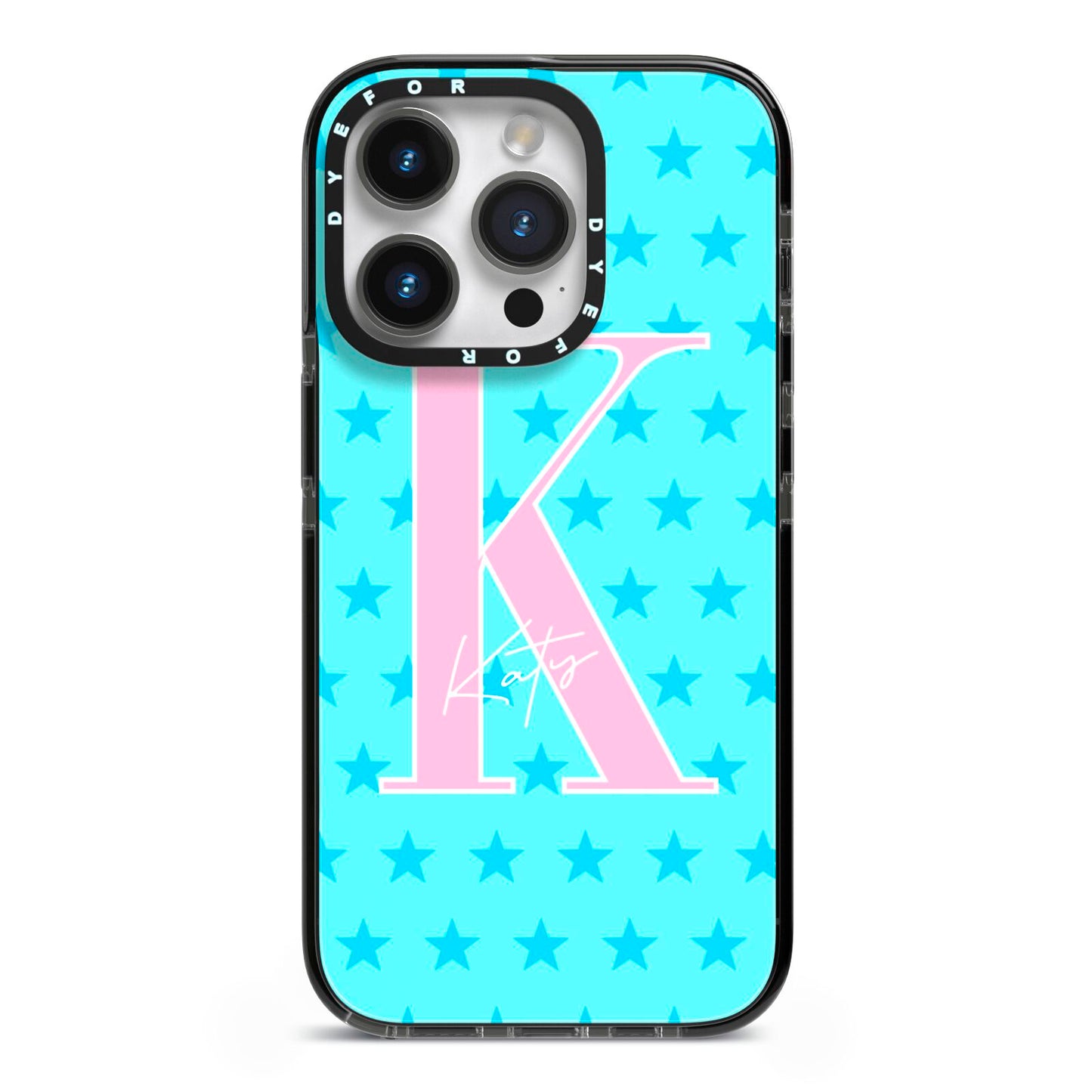 Personalised Blue Stars iPhone 14 Pro Black Impact Case on Silver phone