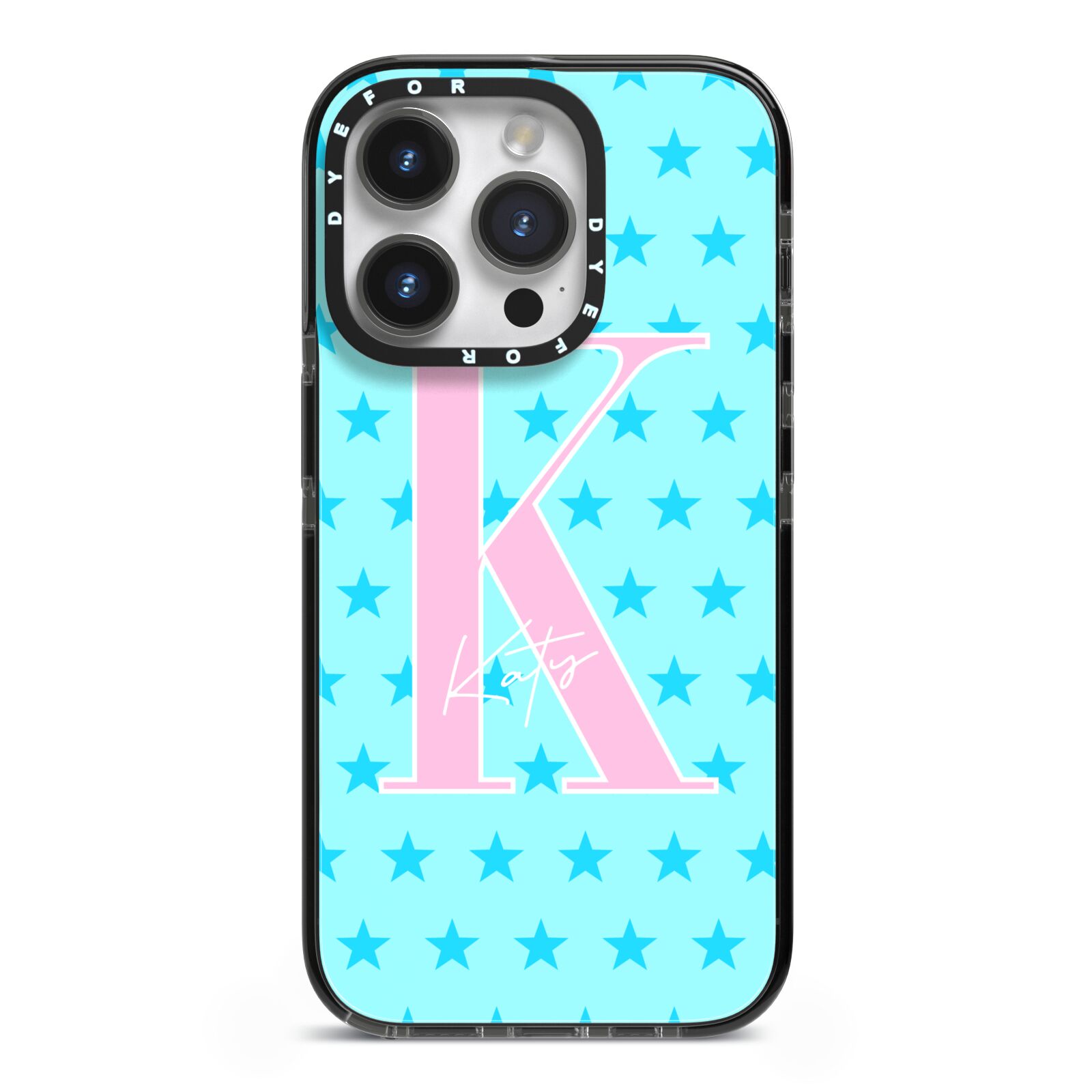 Personalised Blue Stars iPhone 14 Pro Black Impact Case on Silver phone