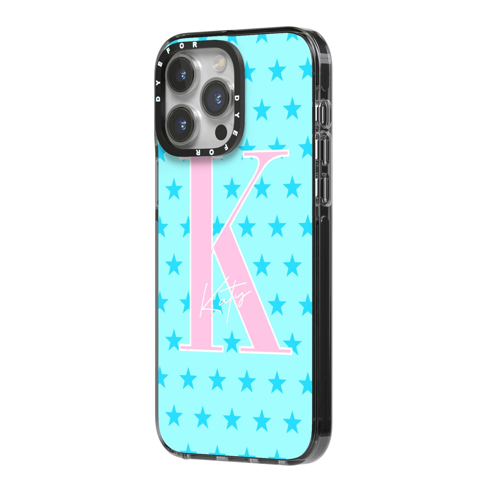 Personalised Blue Stars iPhone 14 Pro Max Black Impact Case Side Angle on Silver phone