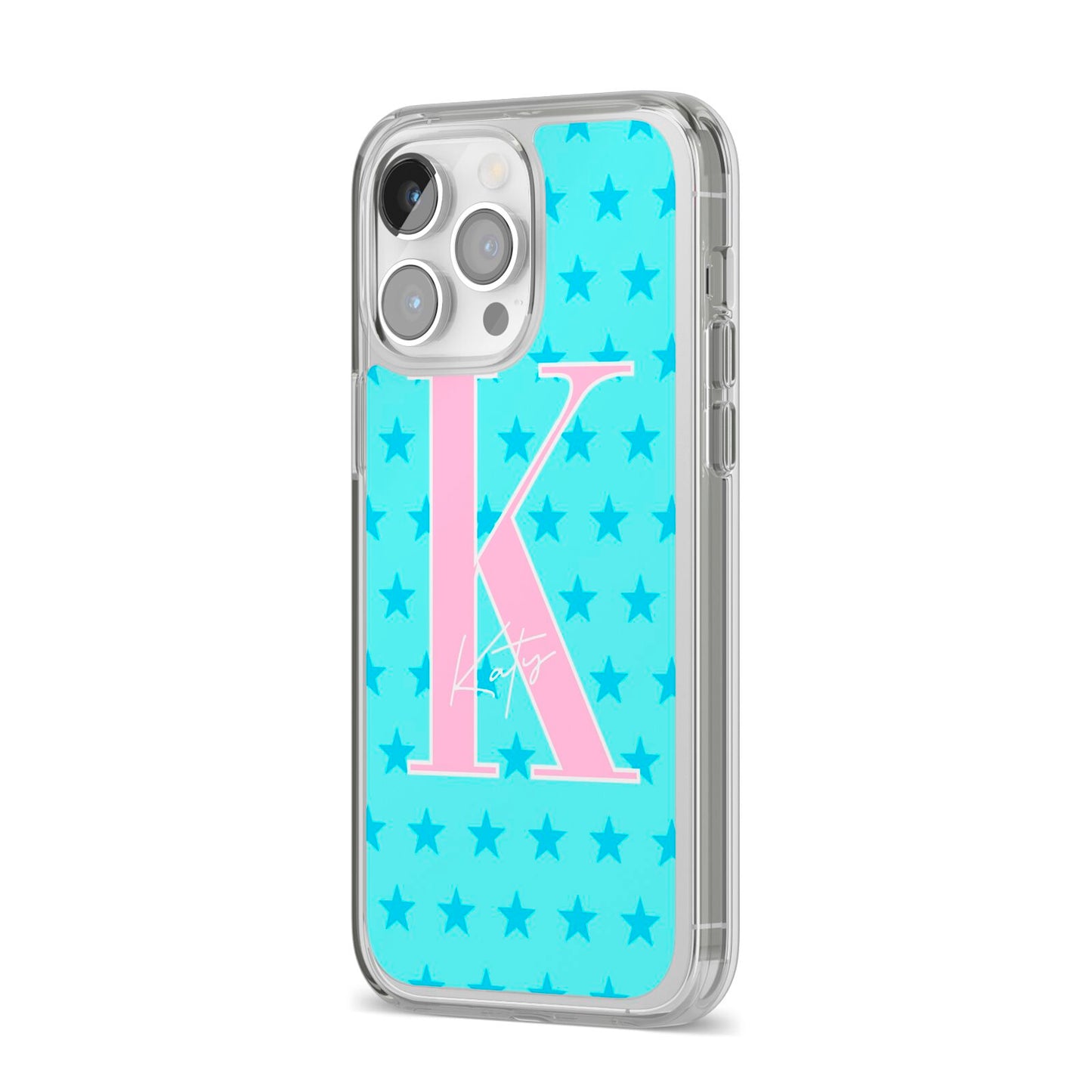 Personalised Blue Stars iPhone 14 Pro Max Clear Tough Case Silver Angled Image