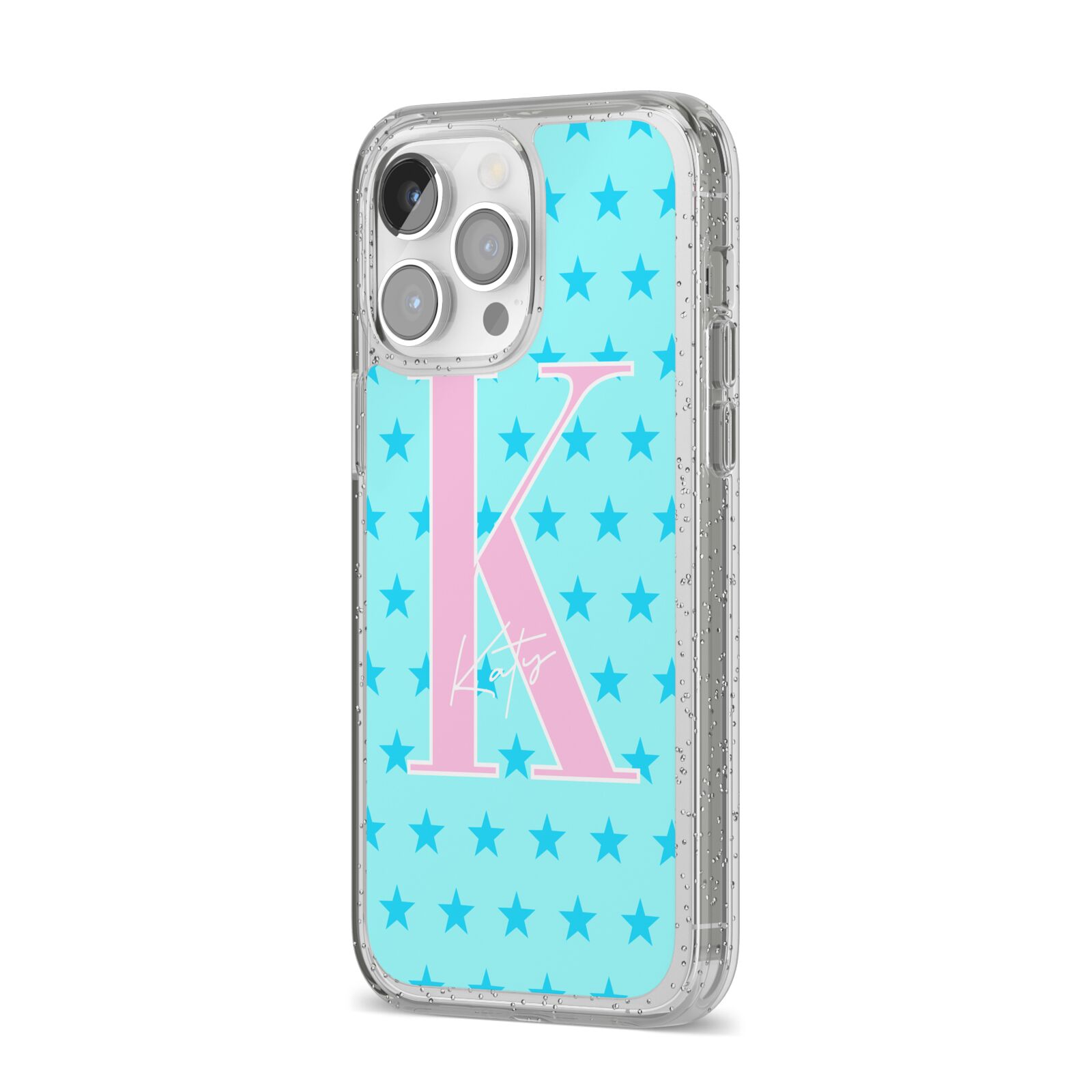 Personalised Blue Stars iPhone 14 Pro Max Glitter Tough Case Silver Angled Image