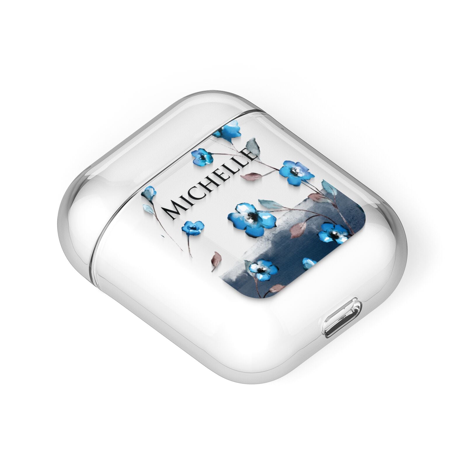 Personalised Blue Watercolour Flowers AirPods Case Laid Flat