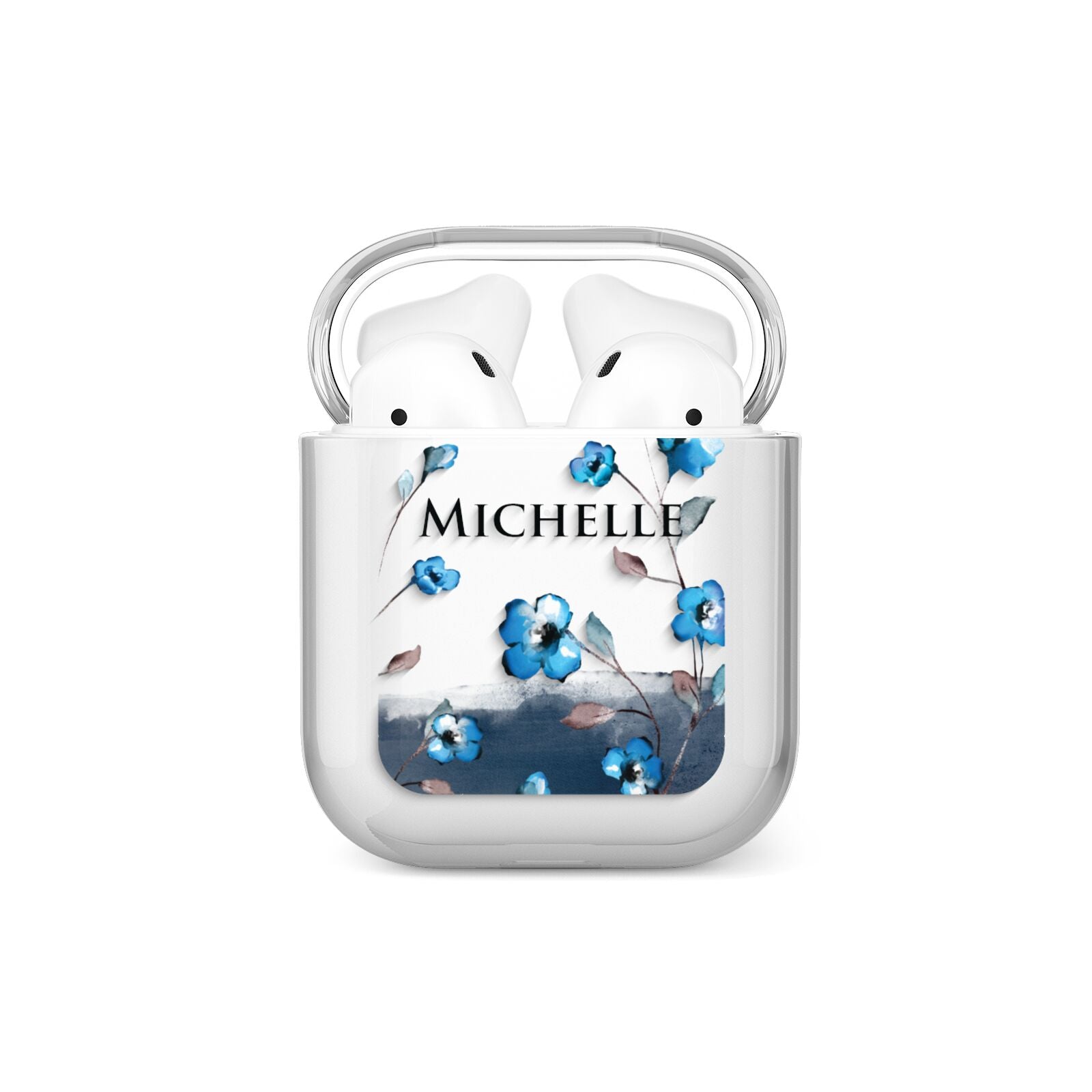 Personalised Blue Watercolour Flowers AirPods Case