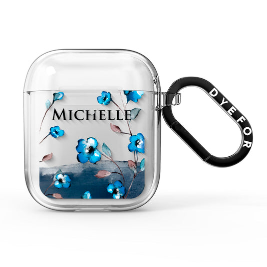 Personalised Blue Watercolour Flowers AirPods Clear Case