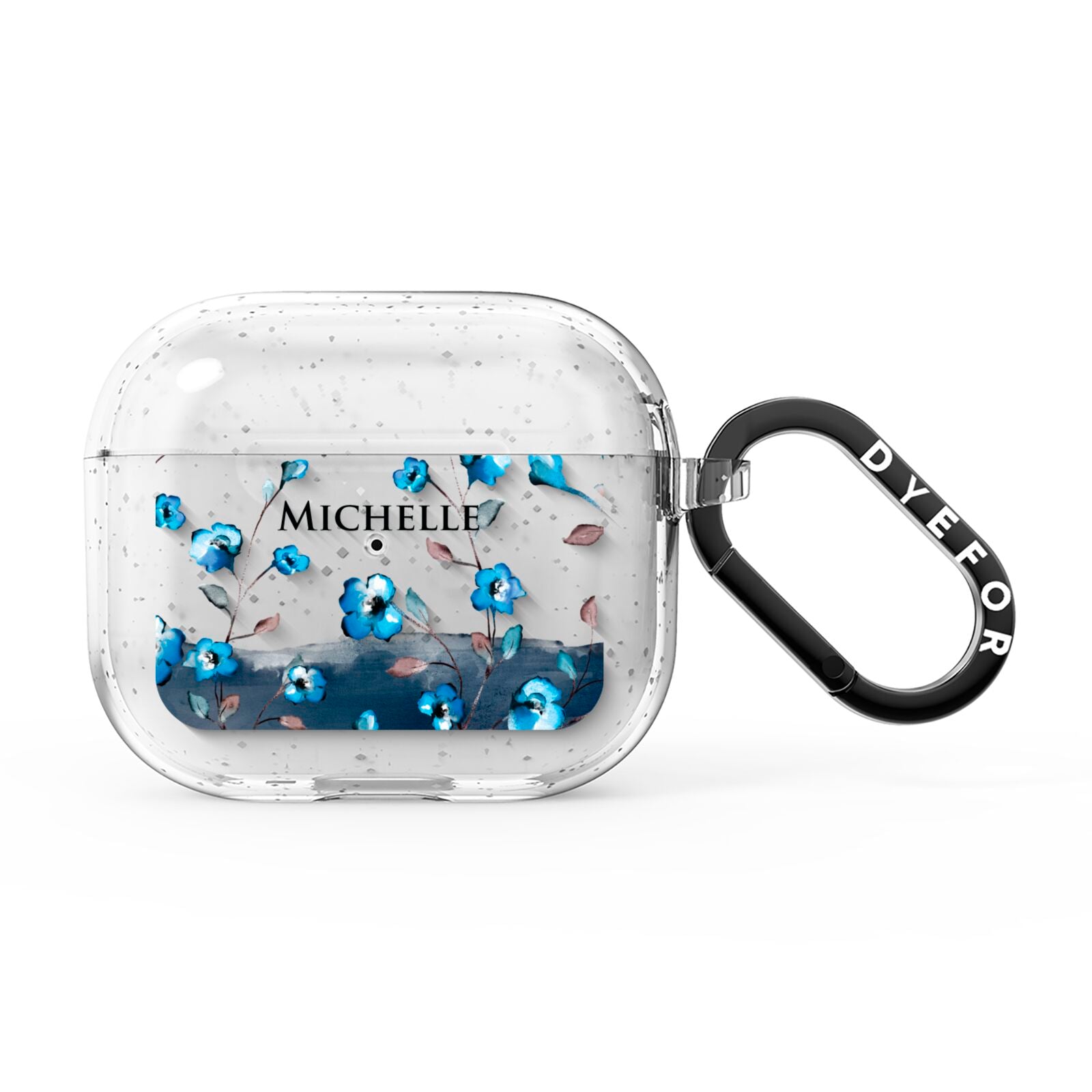 Personalised Blue Watercolour Flowers AirPods Glitter Case 3rd Gen