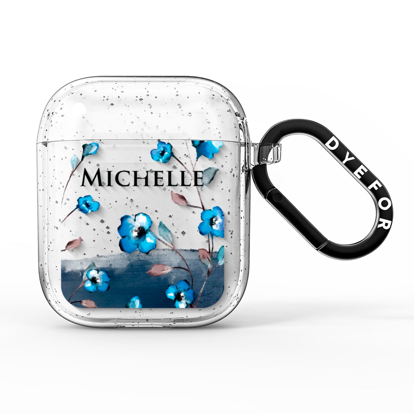 Personalised Blue Watercolour Flowers AirPods Glitter Case