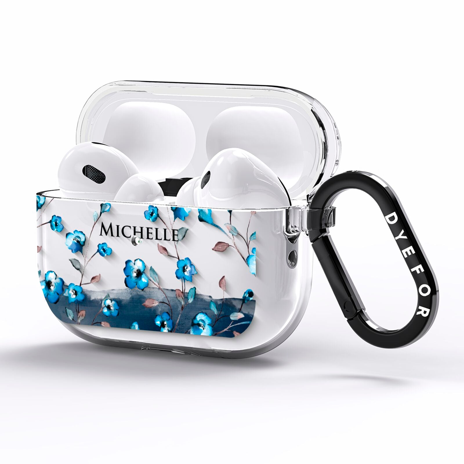 Personalised Blue Watercolour Flowers AirPods Pro Clear Case Side Image