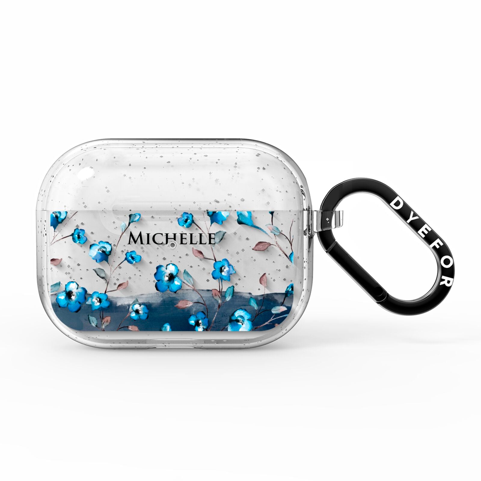 Personalised Blue Watercolour Flowers AirPods Pro Glitter Case