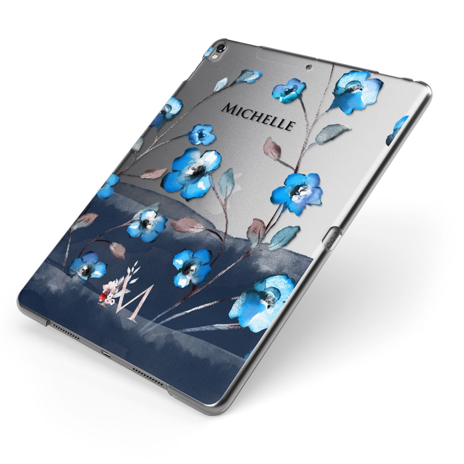 Personalised Blue Watercolour Flowers Apple iPad Case on Grey iPad Side View