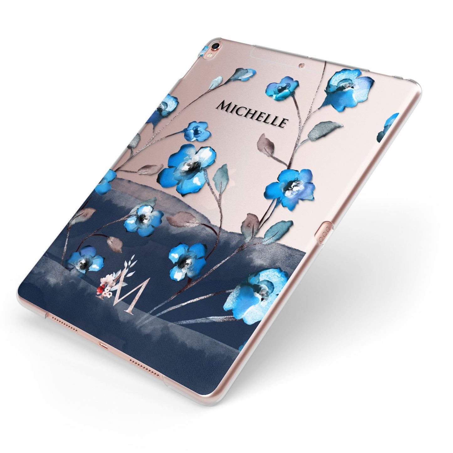 Personalised Blue Watercolour Flowers Apple iPad Case on Rose Gold iPad Side View
