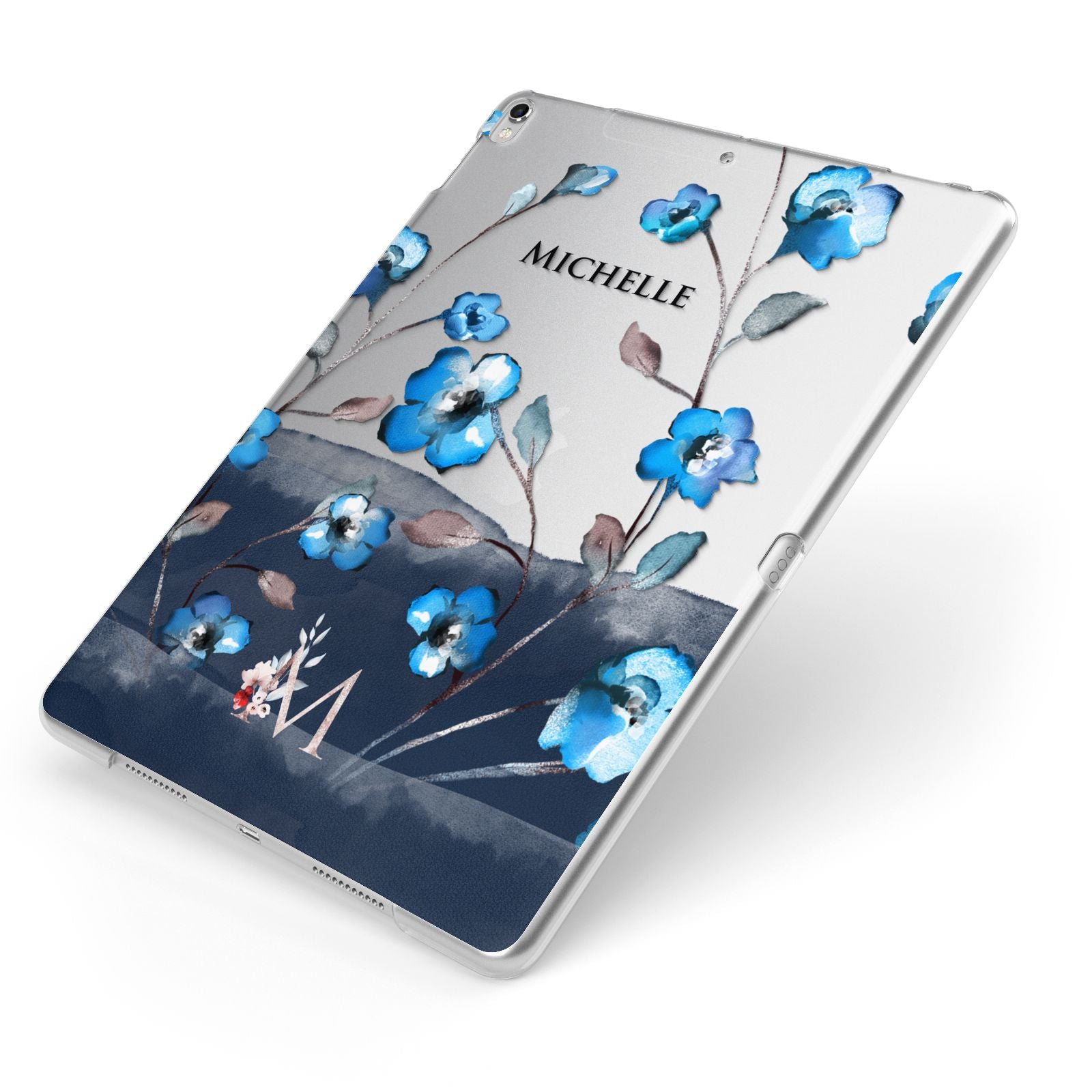 Personalised Blue Watercolour Flowers Apple iPad Case on Silver iPad Side View