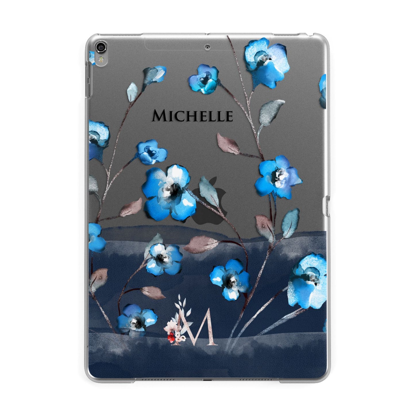 Personalised Blue Watercolour Flowers Apple iPad Grey Case