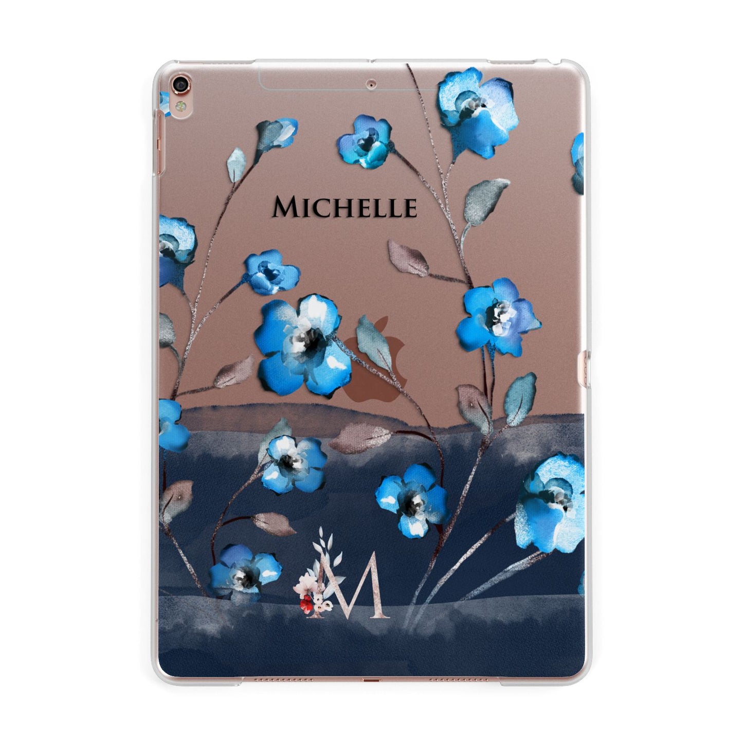 Personalised Blue Watercolour Flowers Apple iPad Rose Gold Case