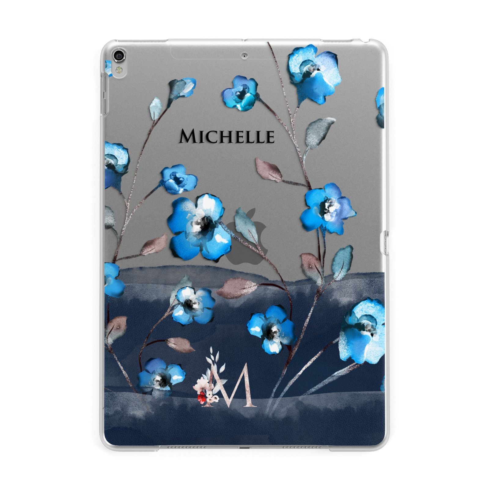 Personalised Blue Watercolour Flowers Apple iPad Silver Case