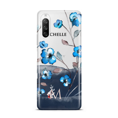 Personalised Blue Watercolour Flowers Sony Xperia 10 III Case