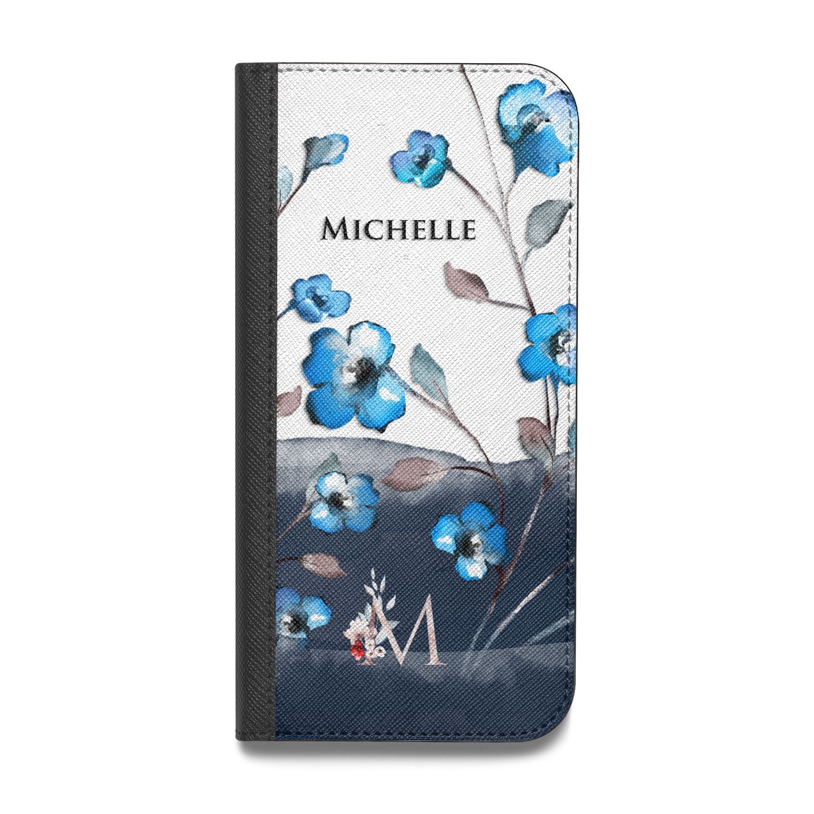 Personalised Blue Watercolour Flowers Vegan Leather Flip iPhone Case