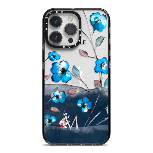 Personalised Blue Watercolour Flowers iPhone 14 Pro Max Black Impact Case on Silver phone